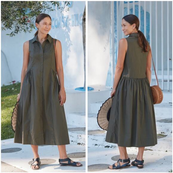 MAYE Corinne Shirtdress Poplin Cotton Relaxed A-Line Midi Dress Khaki - Large - Picture 1 of 13
